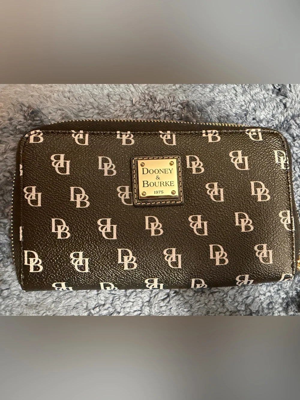 Dooney & Bourke Black Logo Zip-Around Wallet with Gold Plaque